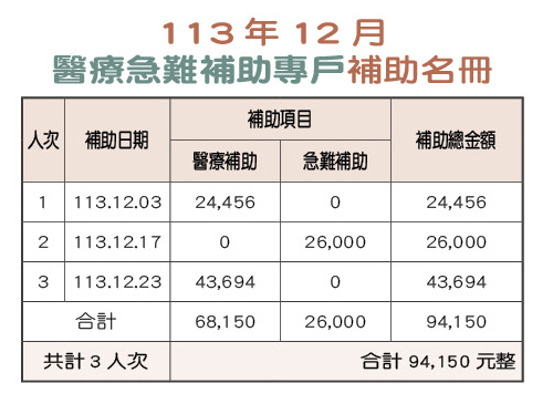 113年12月醫療急難補助專戶補助名冊